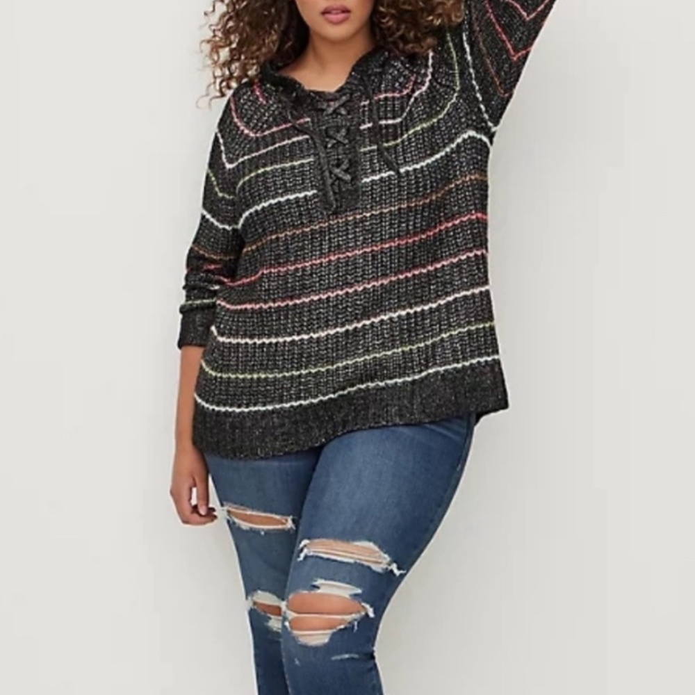 Torrid | Black and Multi Color Raglan Striped Hooded Sweater | Size 2